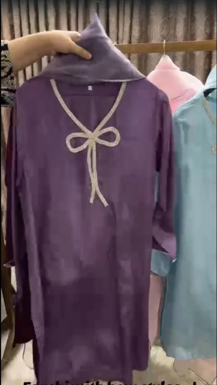 Stitched Cotton Silk Ensemble with Farshi Shalwar & Organza Dupatta