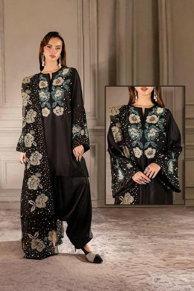 3 Piece Stitched Embroidery Raw Silk Dress - Ready To Wear