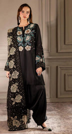 3 Piece Stitched Embroidery Raw Silk Dress - Ready To Wear