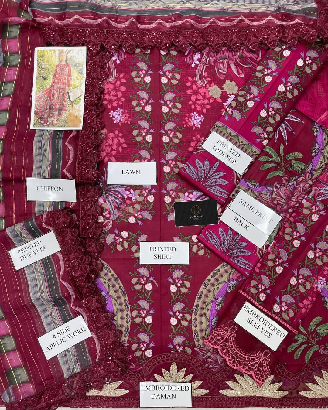 3 Piece Stitched Lawn Suit - Ready To Wear