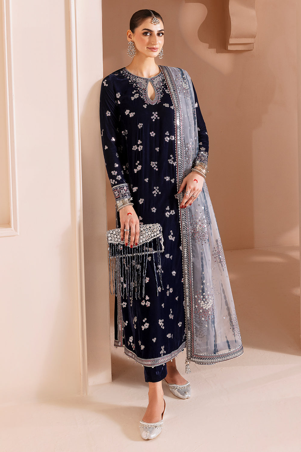 Jazmin Chandani Luxury Embroidered Velvet Wedding Dress- Navy Blue
