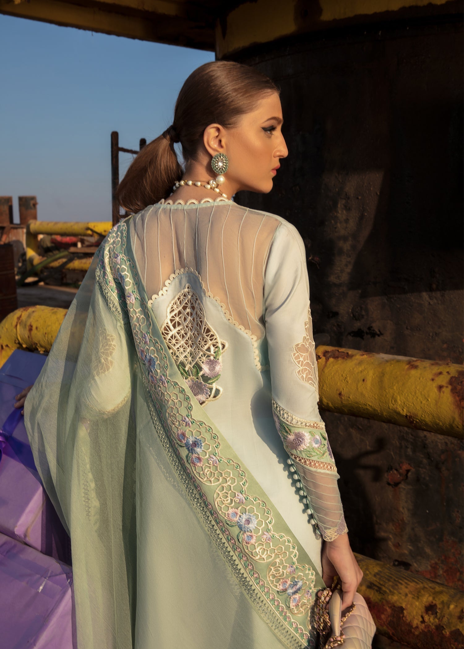 03 Piece Shade V Panel Fully Heavy Embroidered suit