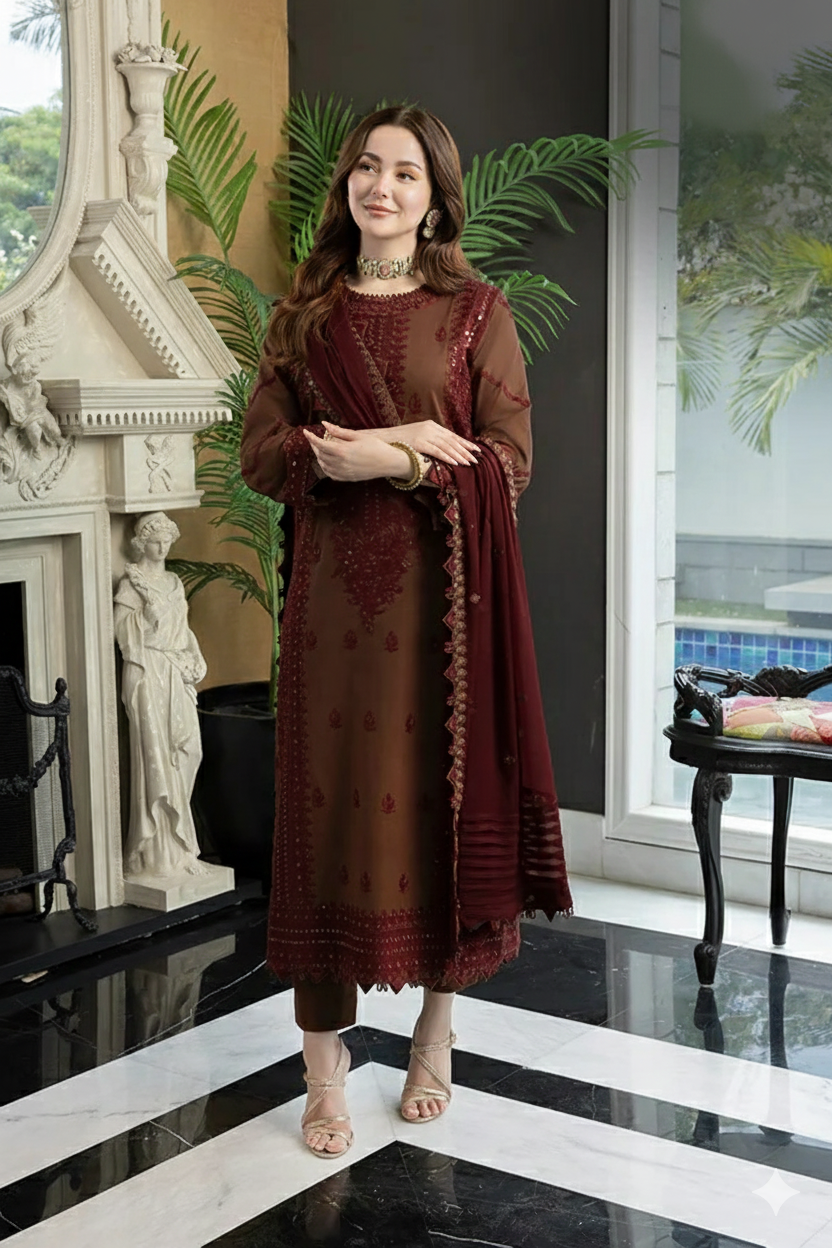 3  Piece Stitched  Dhanak suit - Ready to Wear