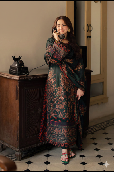 3 Piece  Stitched Dhank Suit - Ready   to Wear