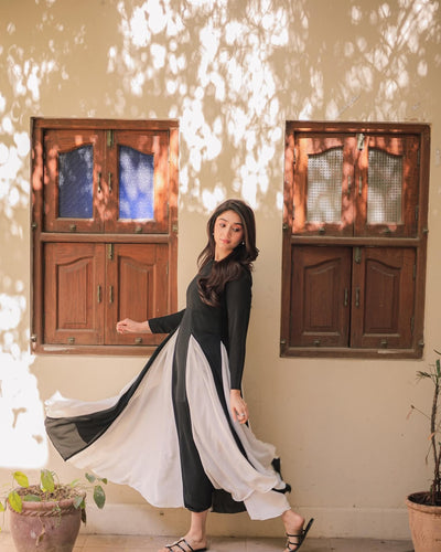 2 Piece Stitched Long Dress White & Black