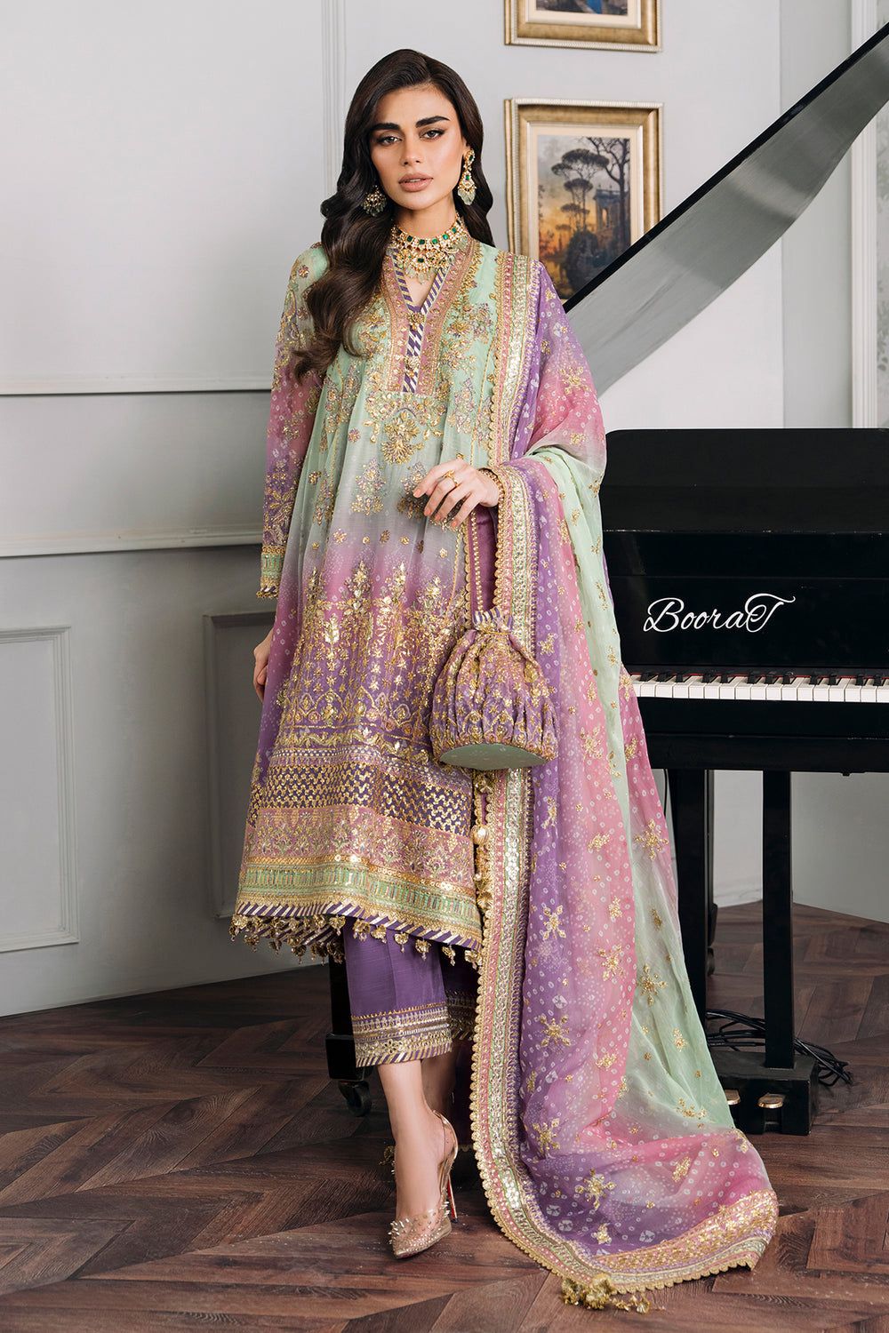 3 Piece Chiffon Stitched Suit with Silk Trouser - Ready To Wear
