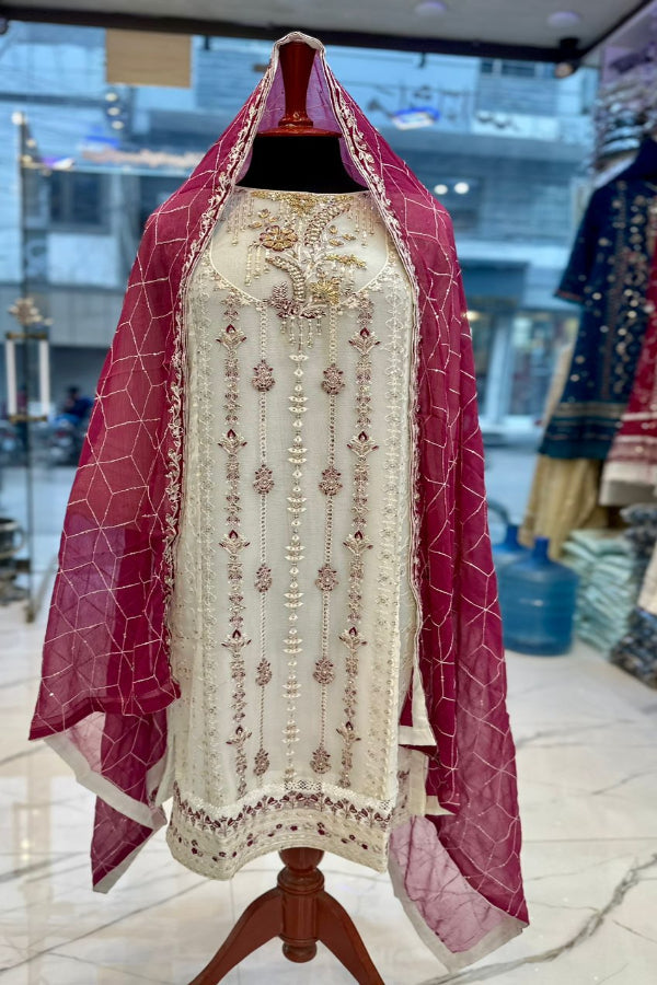 3 Piece Stitched Chiffon Embroidery Dress - Ready To Wear