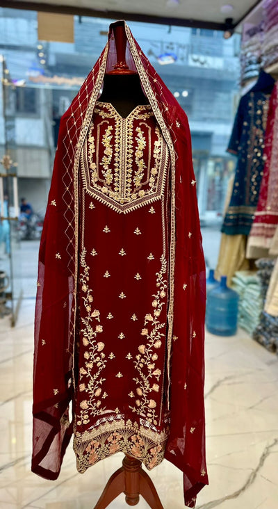 3 Piece Stitched Chiffon Embroidery Dress - Ready To Wear