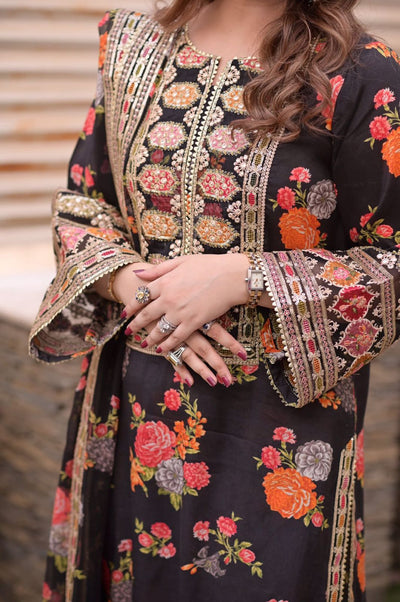 3 Piece Stitched Embroidery Silk Suit - Ready To Wear