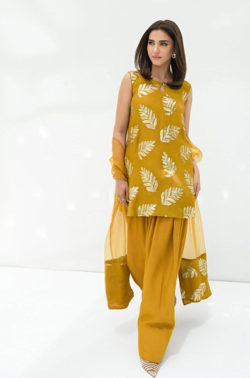 3 Piece Stitched Raw Silk Dress - Ready To Wear