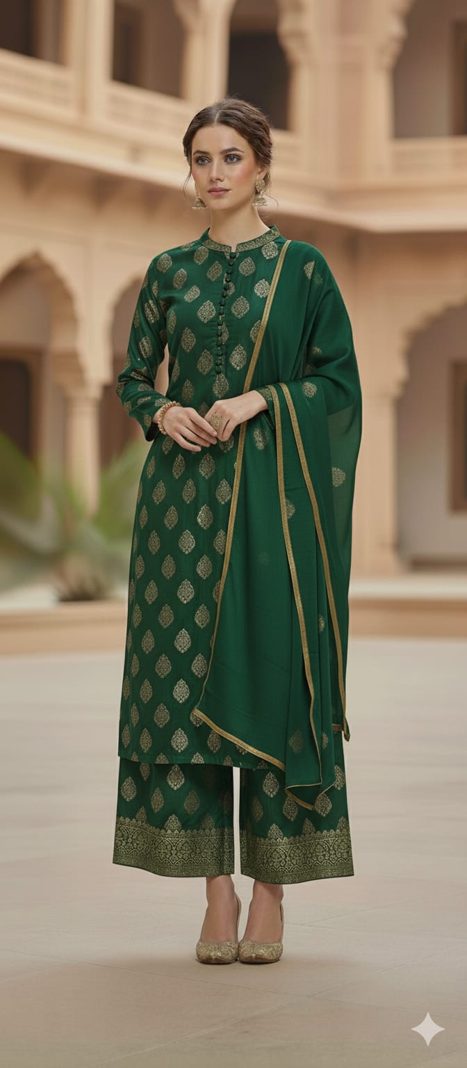 3 Piece Stitched Jaquard Dress - Ready To Wear