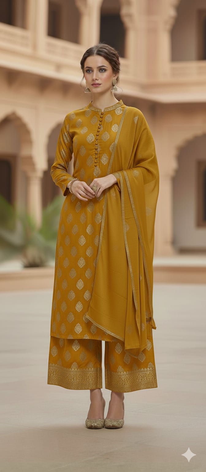 3 Piece Stitched Jaquard Dress - Ready To Wear