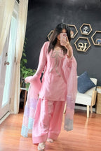 Stitched Cotton Silk Ensemble with Farshi Shalwar & Organza Dupatta