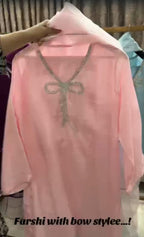 Stitched Cotton Silk Ensemble with Farshi Shalwar & Organza Dupatta