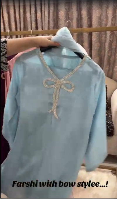 Stitched Cotton Silk Ensemble with Farshi Shalwar & Organza Dupatta