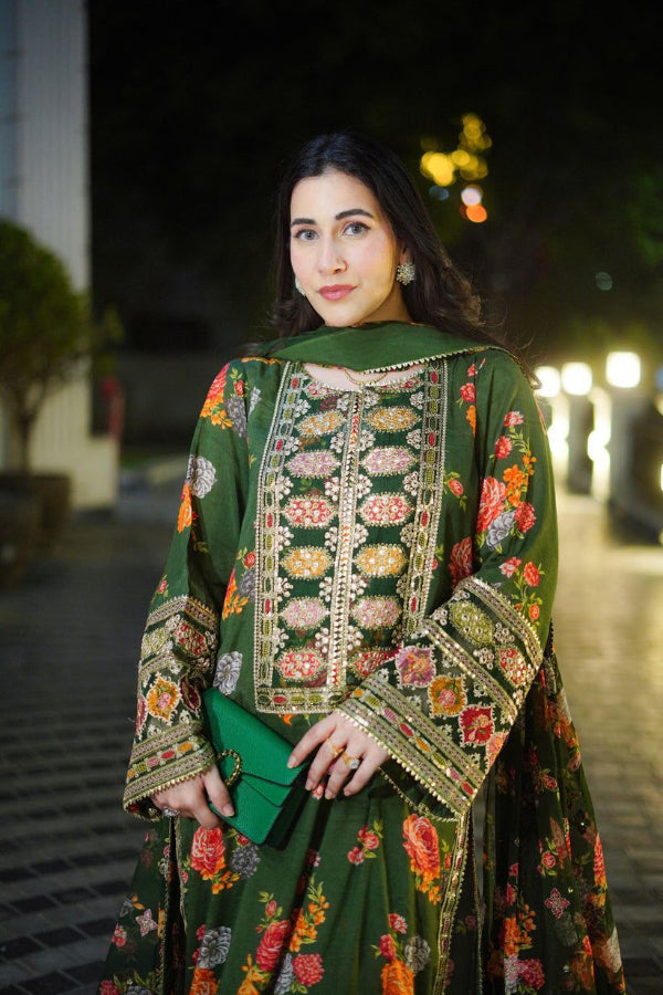3 Piece Stitched Embroidery Silk Suit - Ready To Wear