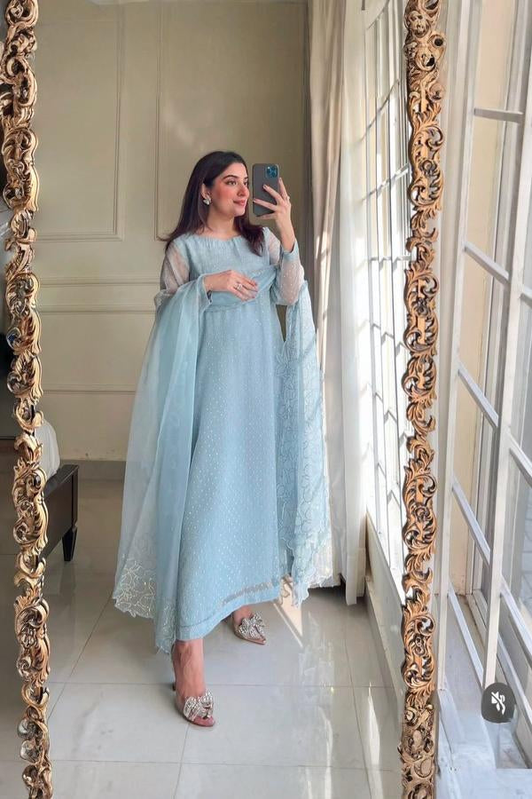 3 Piece Stitched Silk Stone Dress - Ready To Wear