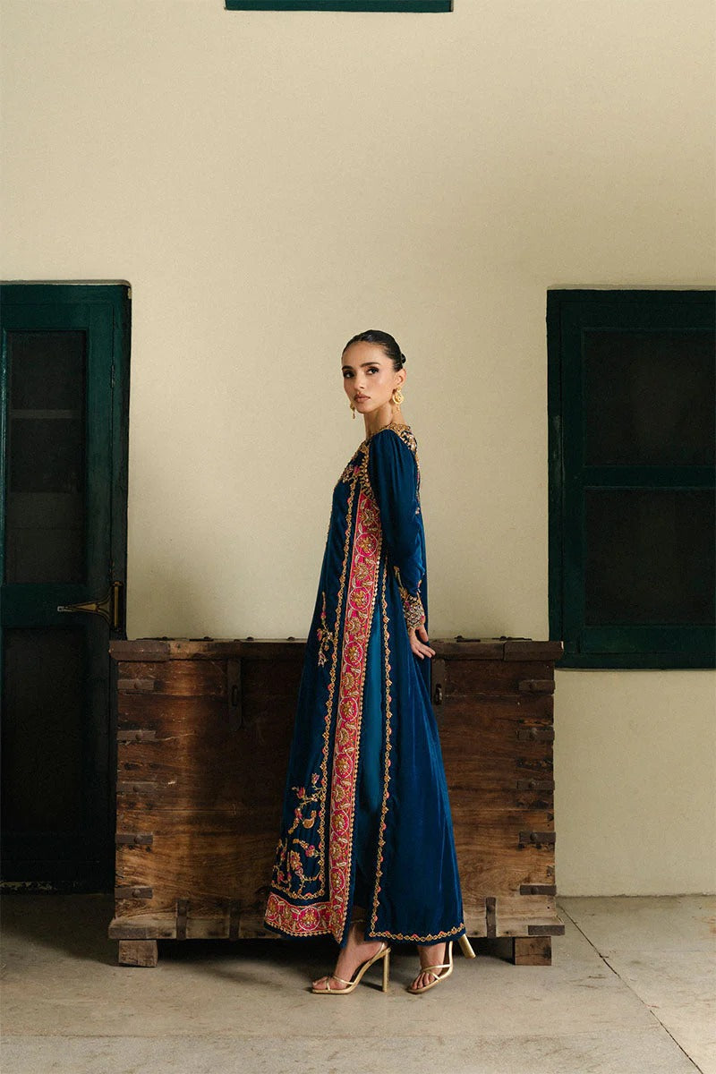 Teal Blue Micro Velvet Hand-Embellished Adda Work Suit