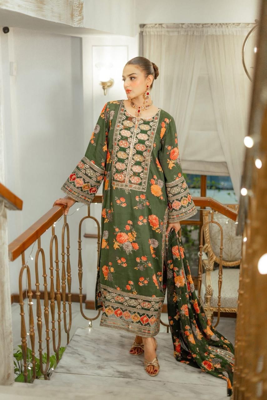 3 Piece Stitched Embroidery Silk Suit - Ready To Wear