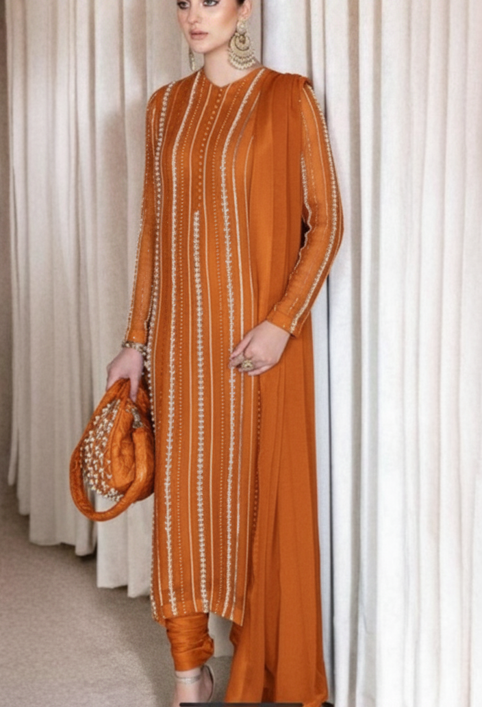 3 Piece Stitched Embroidery Chiffon Dress - Ready To Wear