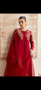 3 Piece Stitched Embroidery Raw Silk Dress - Ready To Wear