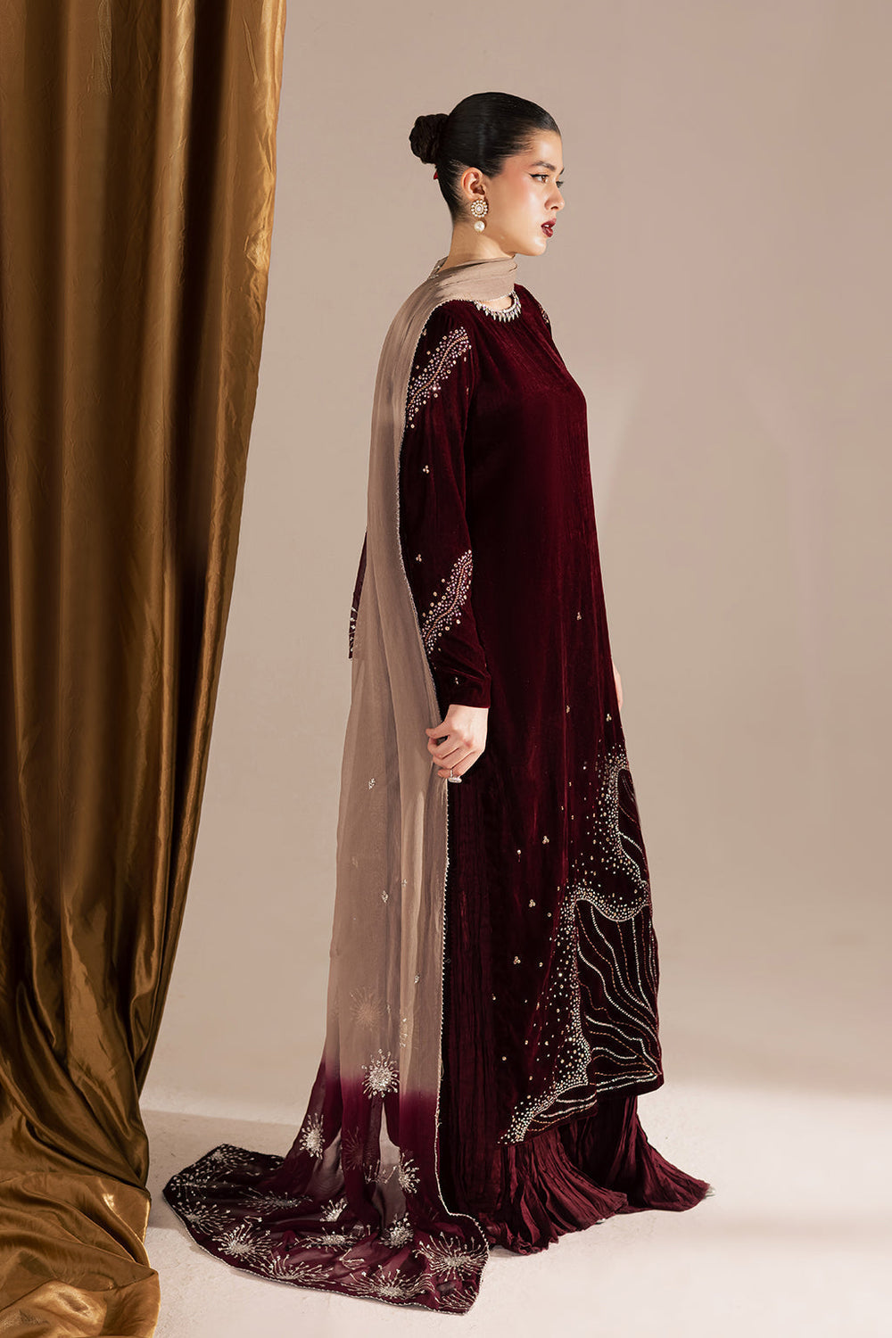 3 Piece Stitched Mahroon Velvet Bridal Suit